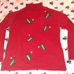 Coldwater Creek Red Turtleneck Sweater with Leaf Design